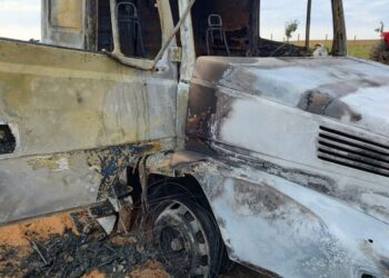 Carreta carregada de batatas pega fogo na BR-452 e cabine fica totalmente destruída